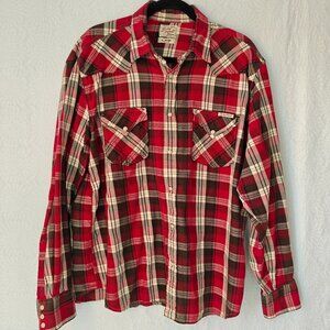 LUCKY BRAND Dungarees Mens Red Plaid Shirt Western Cowboy Pearl Snaps XL